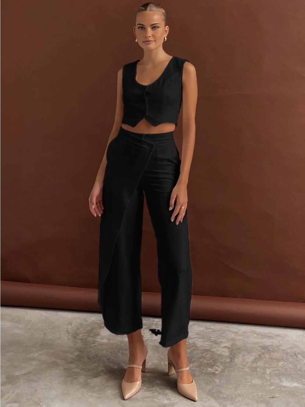 Commense Sleeveless Black Crop Vest & Wrap-Front Wide Leg Pants Set XL